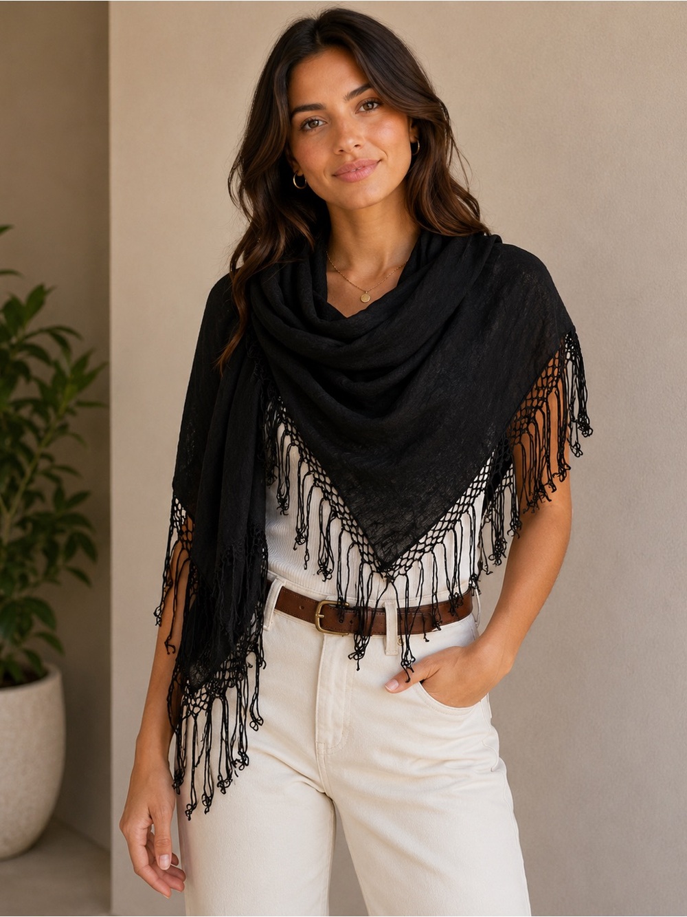 Black Triangle Fringe Shawl Scarf Wrap Boho Festival Accessory